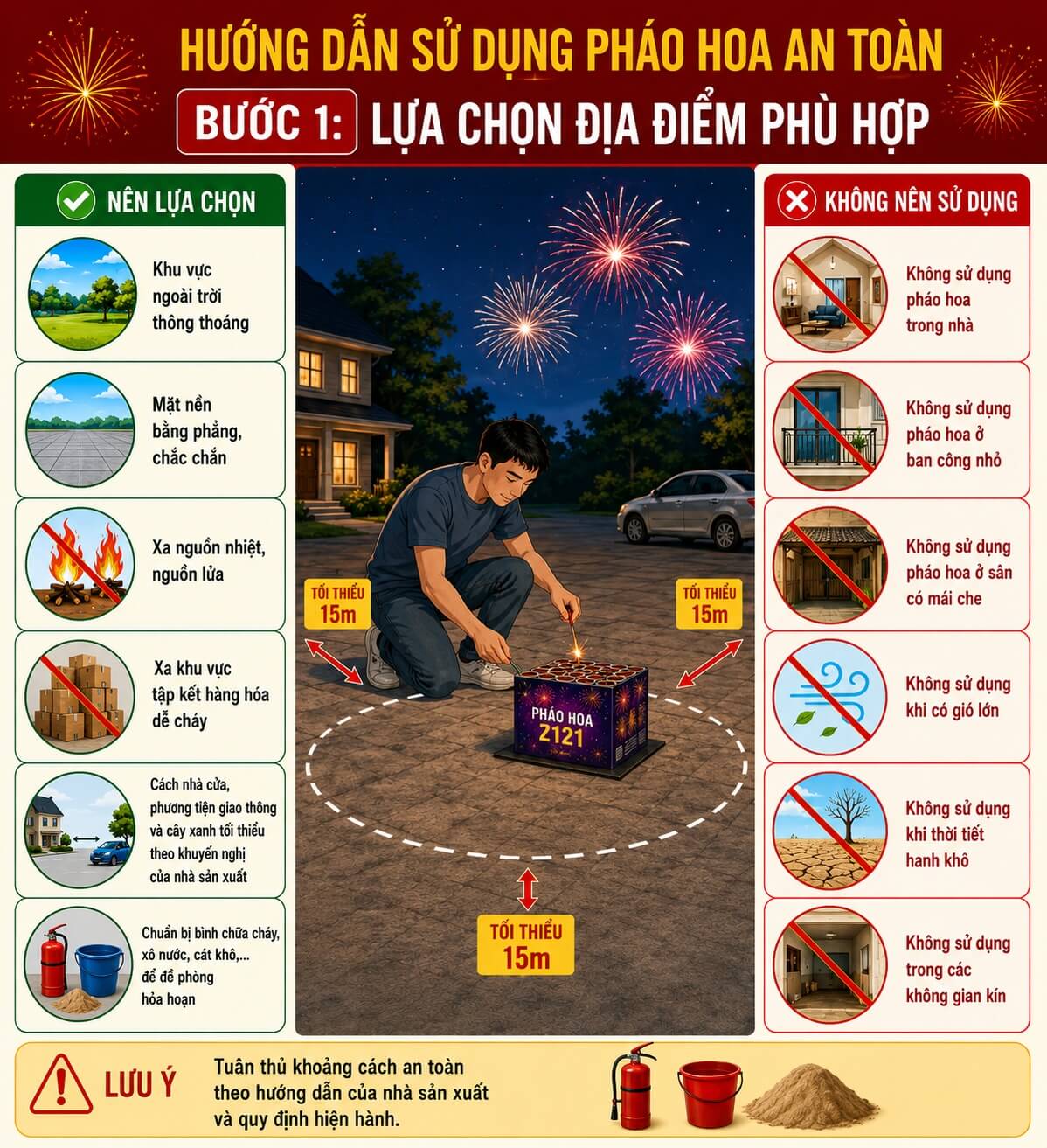 Lựa chọn địa điểm phù hợp để đốt pháo hoa Bộ Quốc Phòng